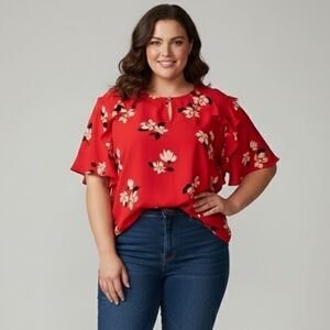 Liz Claiborne Women's NWT Cabaret Red Floral Ruffle Short Sleeve Blouse Size 5X